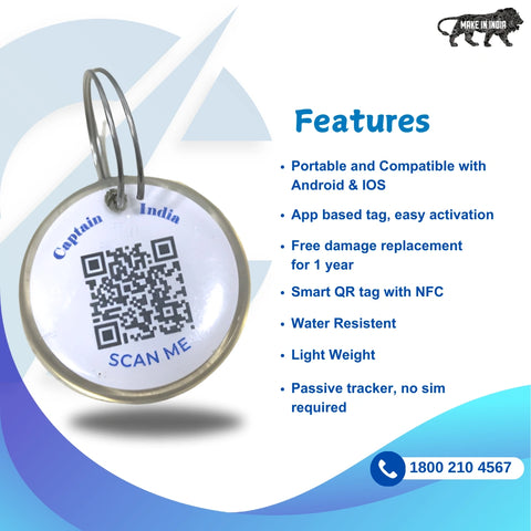 Captain India Smart QR Tag (PVC) - Passive Tracking for Cats, Dogs & Other animals with Lifetime Free Subscription